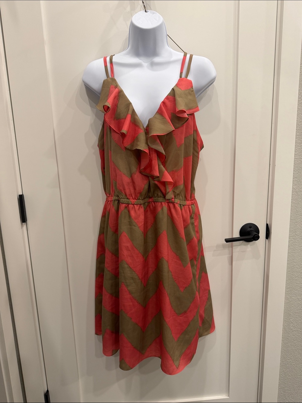 BCBGeneration Coral and Olive Chevron Ruffle Sundress